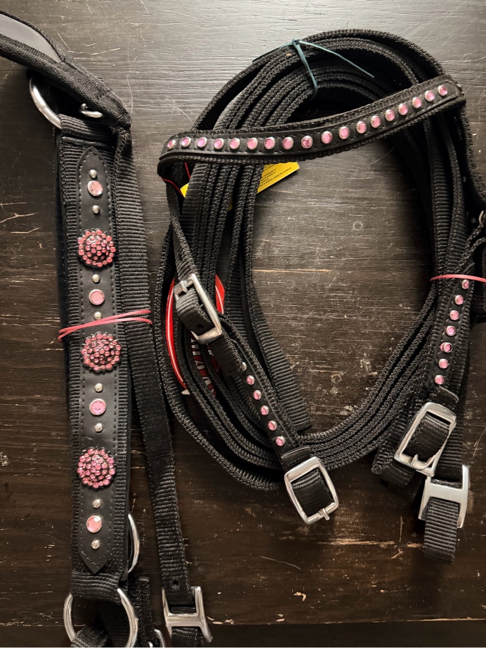 Nylon Pony Bridle Pink Rhinestones Pink Conchos on Leather Trim New